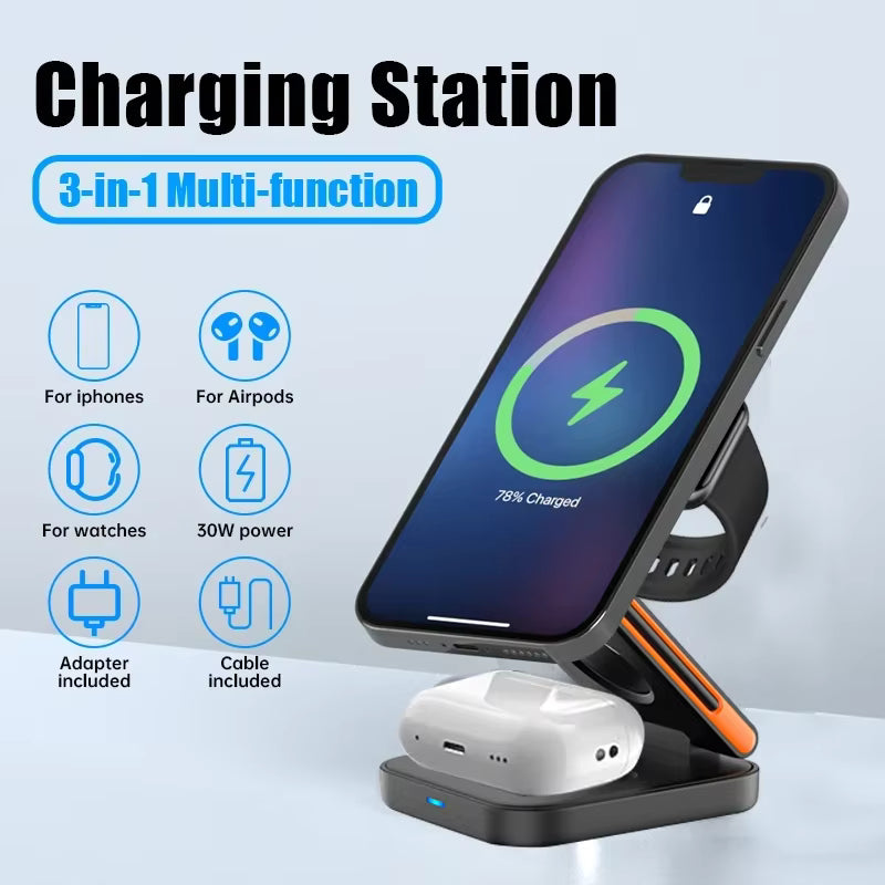 3-in-1 Foldable Magnetic Wireless Charging Station | Fast Charger for iPhone, Apple Watch & AirPods