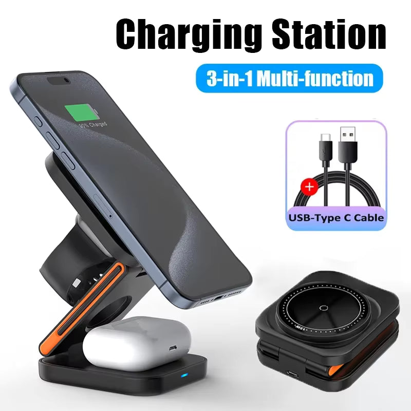 3-in-1 Foldable Magnetic Wireless Charging Station | Fast Charger for iPhone, Apple Watch & AirPods